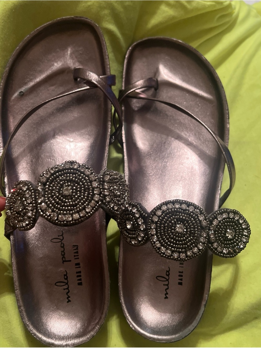 Mila Paoli Pewter Size 7 Metallic Beaded Toe-Loop Sandals w/ Cork Floorbed